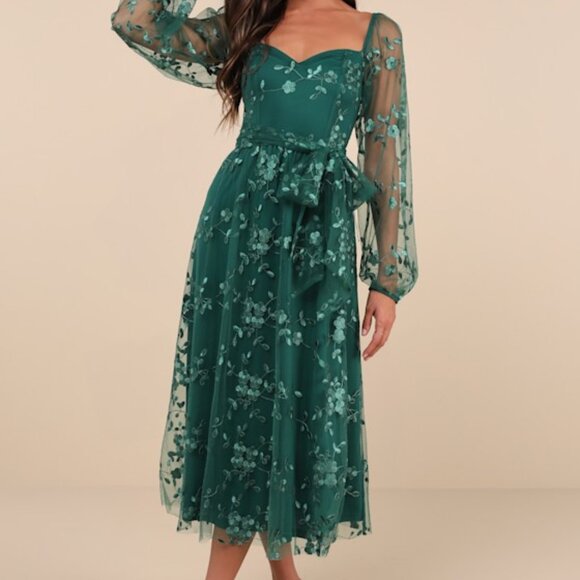 Lulus Darling Charisma Emerald Mesh Embroidered Midi Dress Green - Size XS - Picture 1 of 1